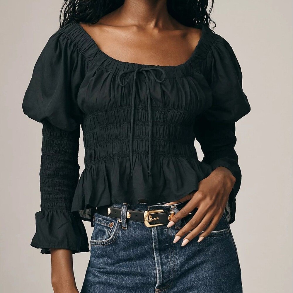 Anthropologie Long-Sleeve Smocked Babydoll Blouse Top Cotton Black M 291878